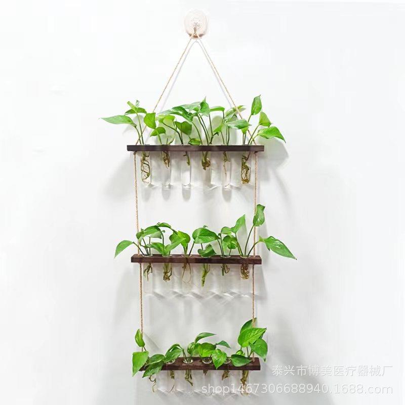 三层六孔挂壁式水培玻璃翻边试管圆底试管绿萝植物插花瓶墙面装饰