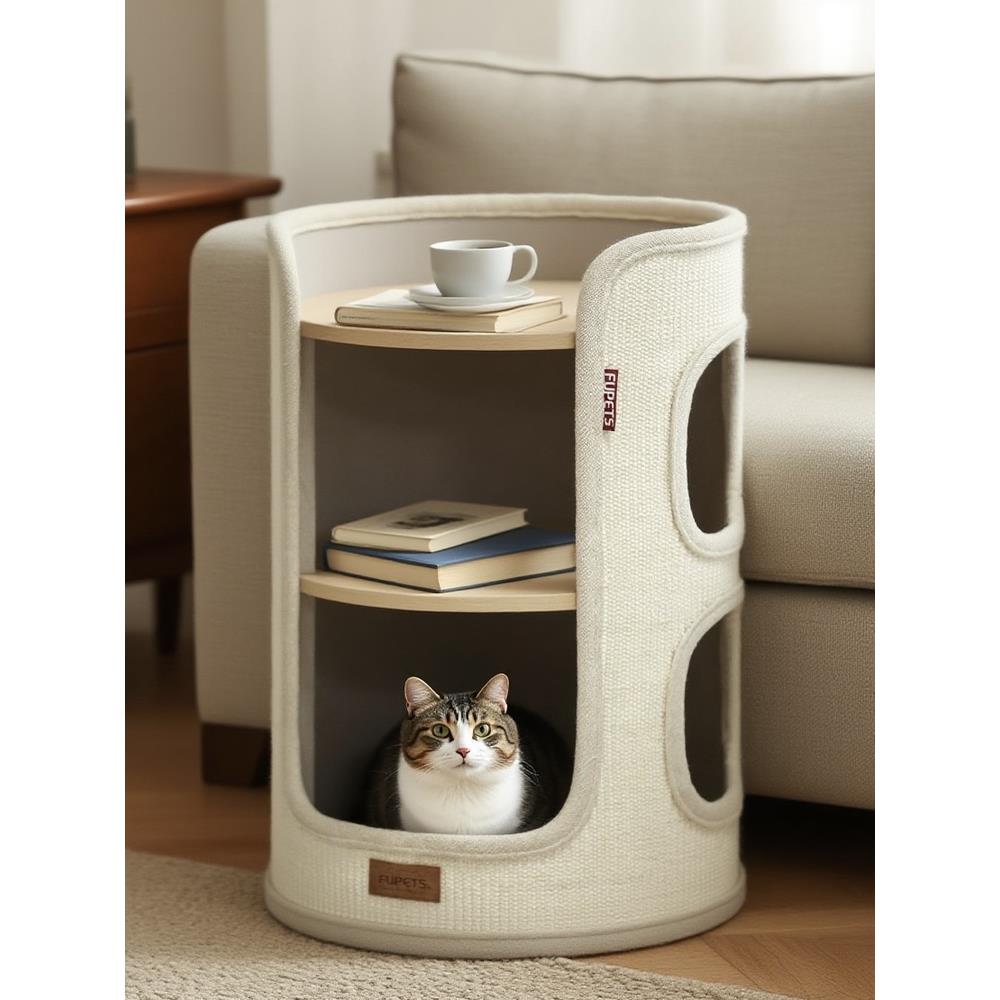FUPETS大情人系列猫抓桶小户型三层实木家用猫窝带垫子x2剑麻桶