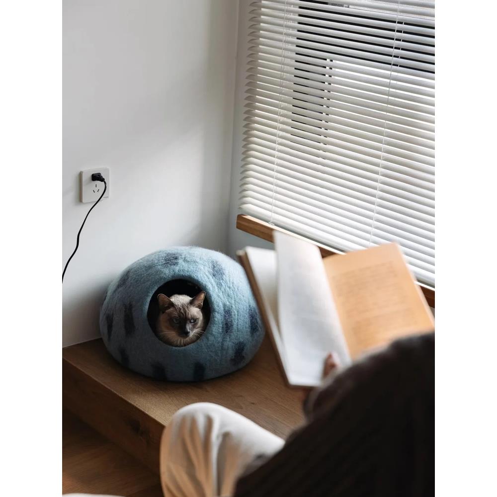乐逗猫高品质手工羊毛毡猫窝宠物半封闭睡眠巢大尺寸通用所有季节