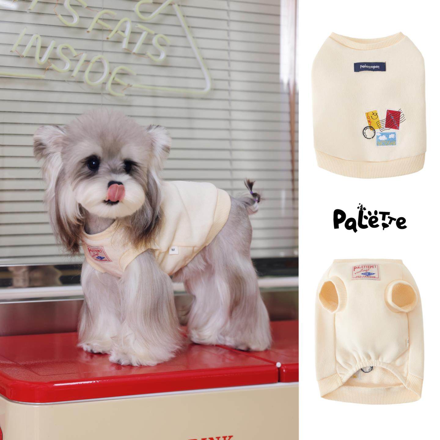 PalettePet秋冬宠物服装猫咪狗狗网红奶白色刺绣邮票LOGO无袖卫衣