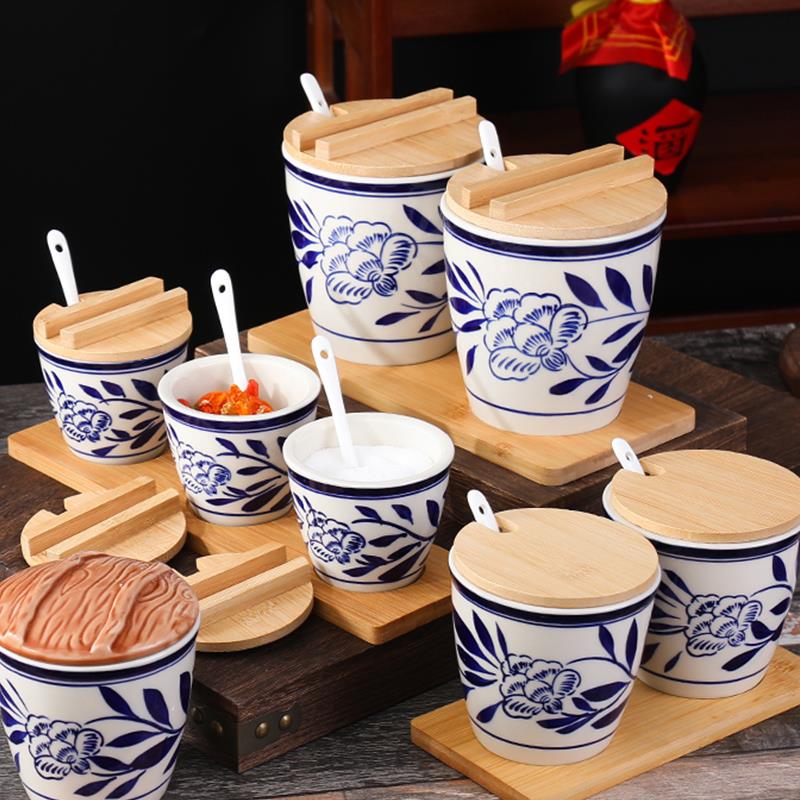 手绘青花缸家用厨房陶瓷调味罐小酱缸水缸猪油罐辣椒油罐盐罐套装