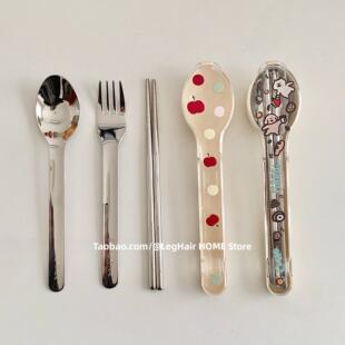 可爱的便携式304不锈钢勺子，叉子和筷子餐具集与存储盒的学生和