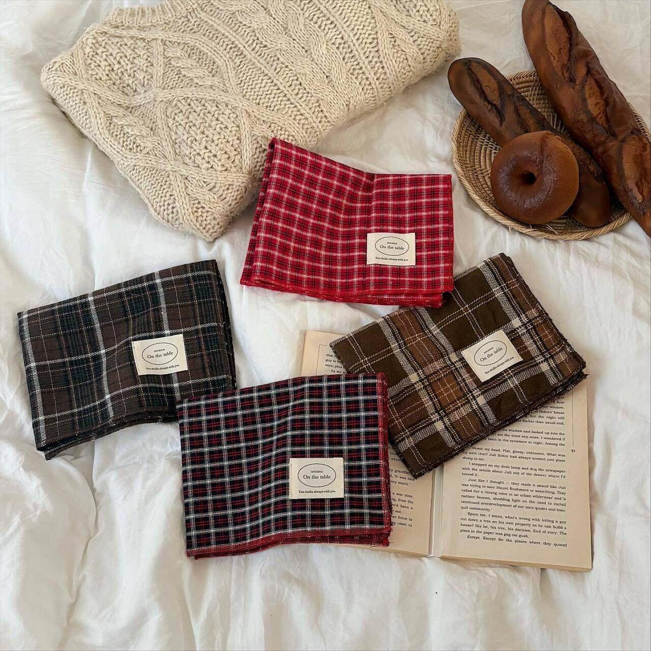 TJJ丨ins风秋冬格纹餐巾布桌垫节日红棕色系餐垫装饰背景布,居家布艺,餐垫,淘宝优惠券,粉丝福利购,淘宝优惠卷