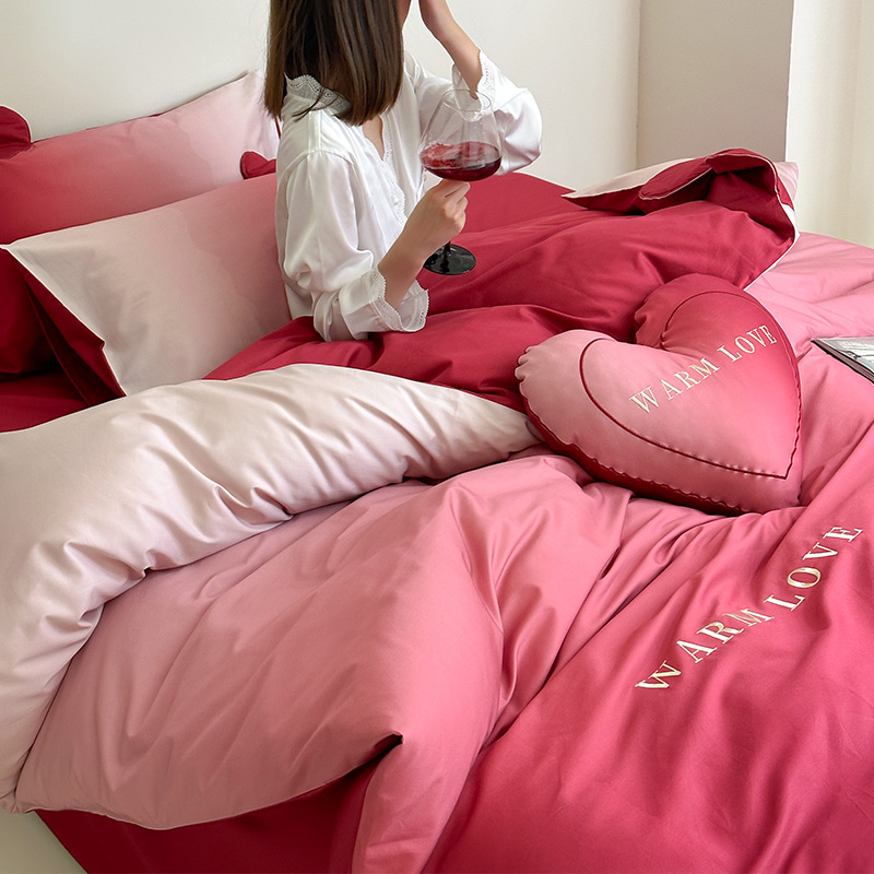 微醺渐层全棉结婚四件套100支红色被套婚庆床单婚嫁床上用品