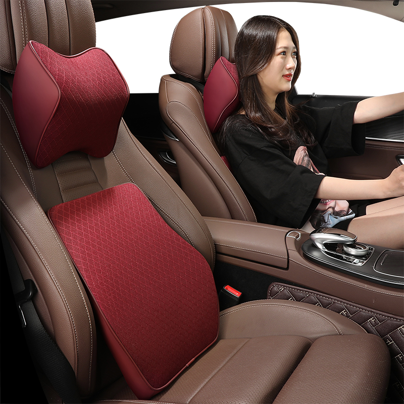 汽车座椅腰靠头枕套装车载护腰靠枕透气靠垫记忆棉车用腰背垫四季