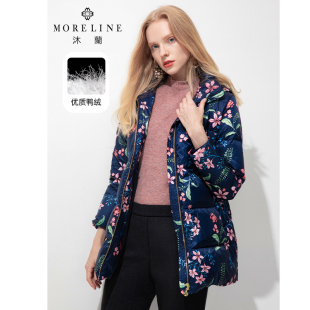 MORELINE冬设计感印花修身保暖中长款连帽白鸭绒羽绒服