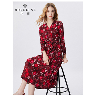 沐兰商场同款2025年春轻奢优雅V领印花裹身连衣裙气质茶歇裙