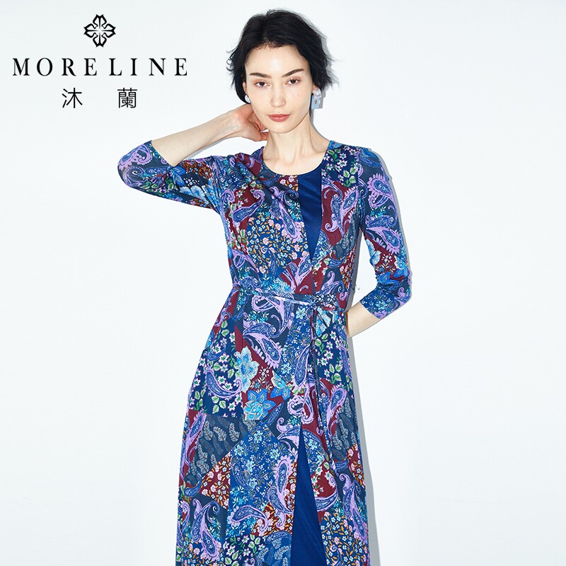 MORELINE商场同款秋装高端针织印花长袖连衣裙女修身优雅中长裙子