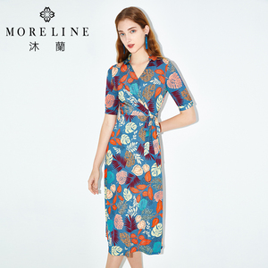 沐兰夏季工笔手绘艺术印花修身显瘦版型多彩趣志连衣裙