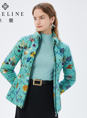 沐兰冬季女士优雅时尚艺术印花修身显瘦立领针织棉服短款