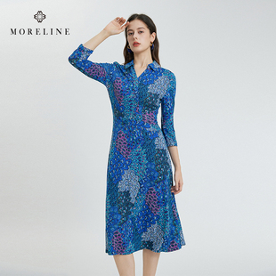 沐兰商场同款高级感孔雀蓝印花连衣裙2025年春法式优雅A字裙