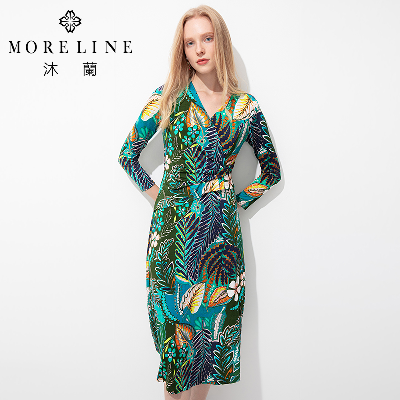 MORELINE商场同款小众设计感连衣裙冬装油画印花长袖中长裙