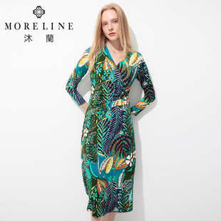 MORELINE商场同款小众设计感连衣裙冬装油画印花长袖中长裙