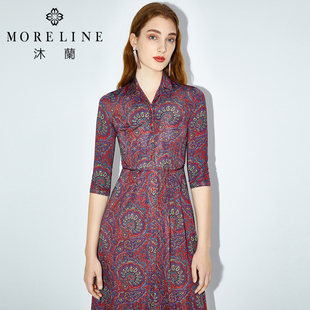 MORELINE商场同款春季轻奢印花连衣裙女短袖修身中长款裙子