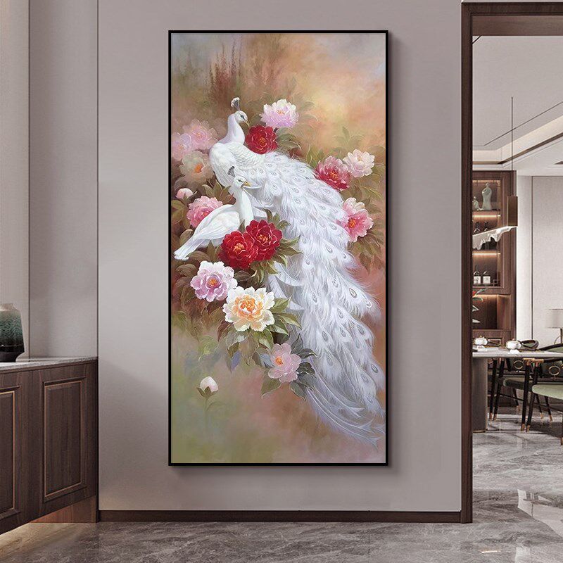 白孔雀牡丹花手绘油画新中式入户玄关装饰画客厅温馨花鸟竖版挂画