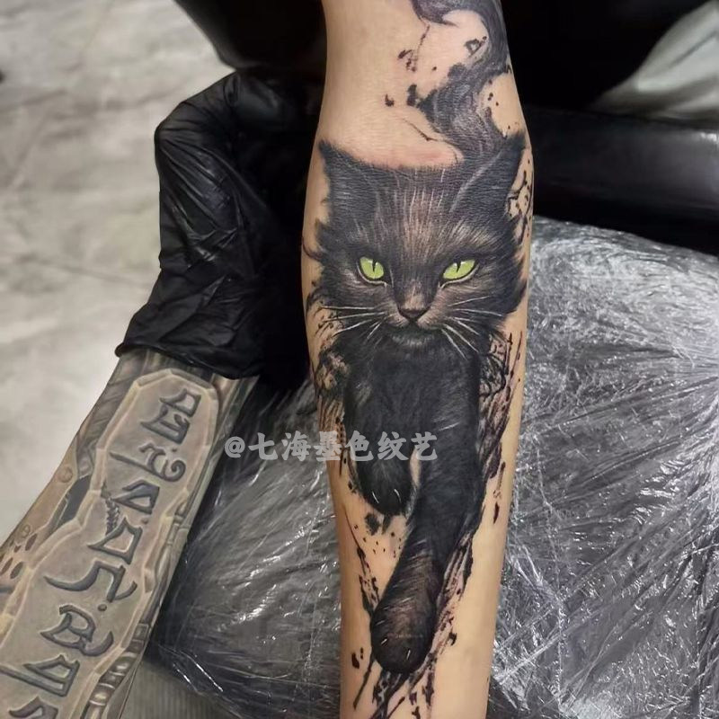 暗黑系猫咪手臂大腿遮疤痕彩色纹身贴男女防水持久学生一次性贴纸