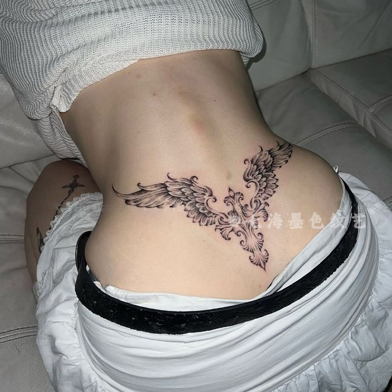 性感十字架天使翅膀后腰小腹魅魔之心草本纹身贴女防水持久不反光