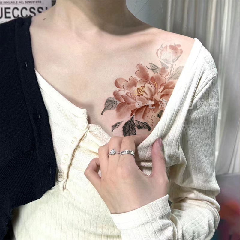 高级感国风水墨画牡丹花胸前锁骨大图案彩色纹身贴女防水持久贴纸