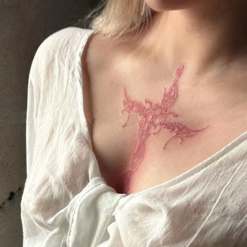 Snake bone cross colored temporary tattoo stickers, Instagram style, European and American style, pure and sexy, niche, waterproof, long-lasting, collarbone, sexy hot girl.