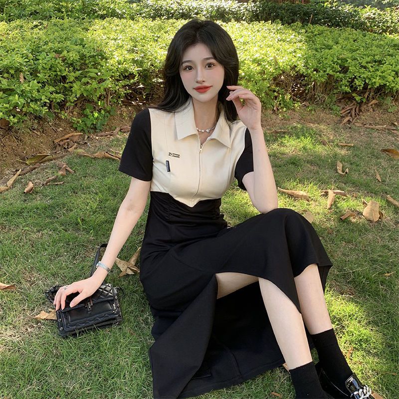 高腰开叉polo领连衣裙子女2025