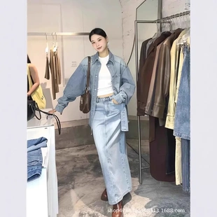 牛仔复古翻领女半身裙外套高级感春秋季宽松牛仔套装港味高腰衬衫