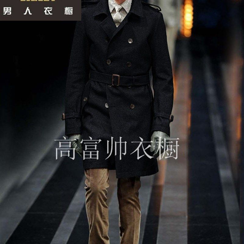 冬季男士加厚羊毛大衣中长款男风衣修身商务双排扣英伦潮羊绒外套
