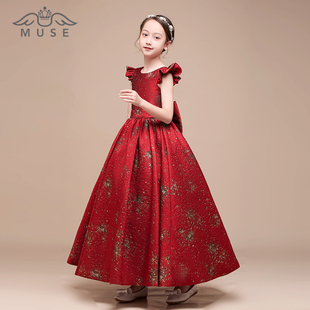 女童钢琴表演出礼服裙高贵红色儿童主持晚礼服小女孩公主裙演出服