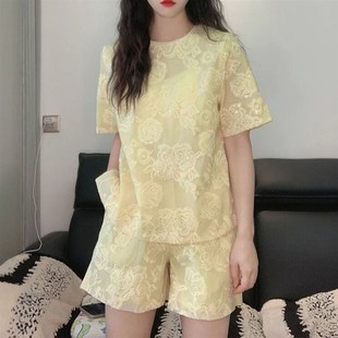 女夏季 T恤上衣套装 新款 C时尚 两件套 新中式 休闲短裤 轻国风刺绣短袖