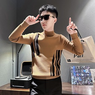 半高领毛衣男款内搭潮牌针织衫2024新款秋冬季韩版紧身中领打底衫