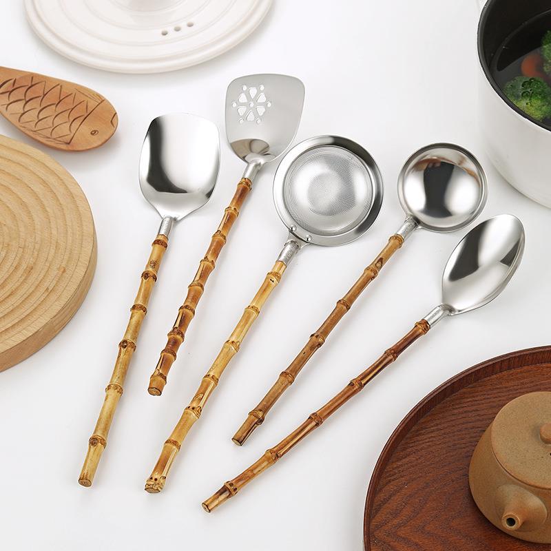 天然竹柄304不锈钢锅铲日式实木汤勺公用漏勺酒店厨房网漏火锅勺
