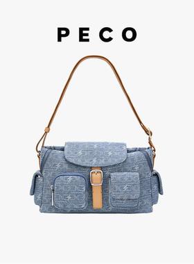 PECO968小号牛仔记者包单肩真皮休闲新款斜挎小众大容量通勤包