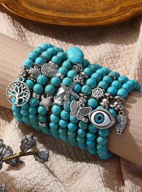 跨境欧美珠子手链套装绿松石手串十字架天然石串珠复古绿松石手链