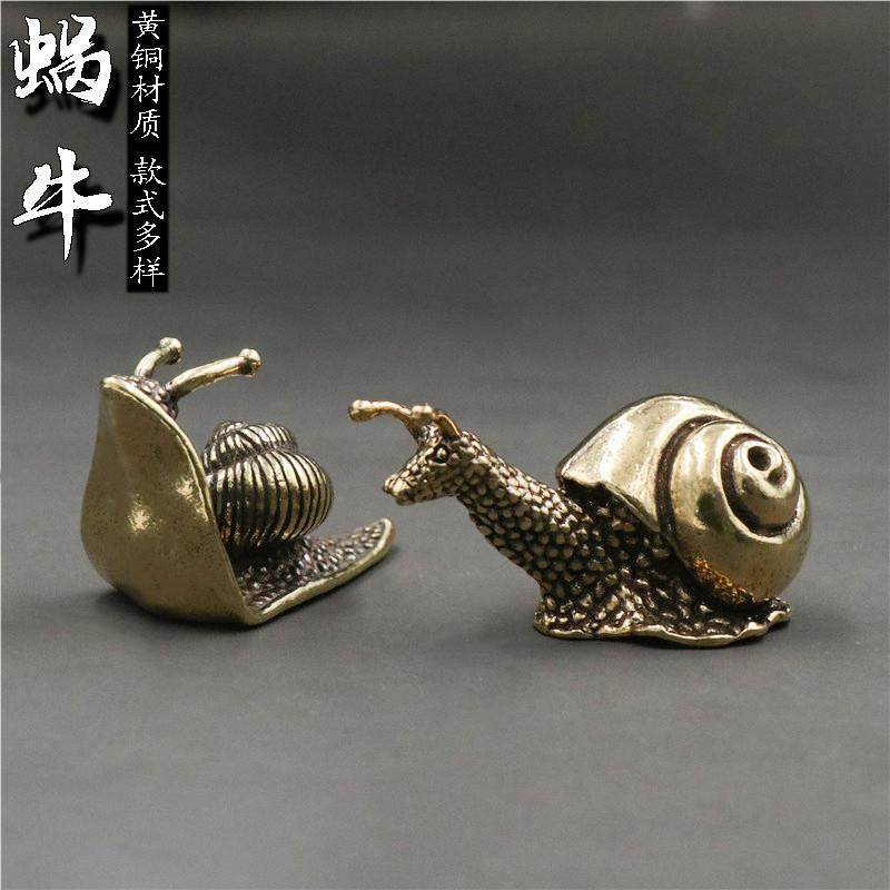 纯铜实心蜗牛小摆件茶道茶宠创意蜗牛笔架工艺品古玩手把件