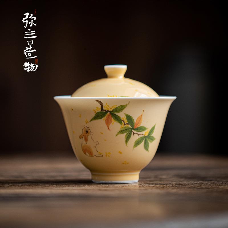 弥言釉下彩手绘桂花兔子盖碗手工陶瓷泡茶碗茶杯白瓷功夫茶具家用