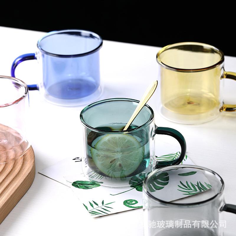 双层彩色玻璃杯咖啡杯高硼硅玻璃茶杯家用水杯马克杯圆形防烫隔热