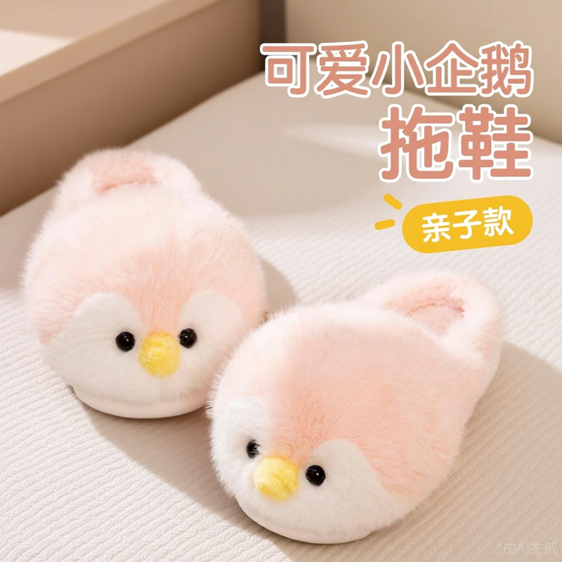 可爱小企鹅冬季毛绒绒拖鞋女生包跟拖鞋防滑软底家居鞋情侣款棉鞋