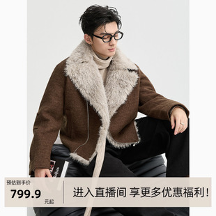 25深冬美式复古大翻领座山雕羽绒服男士针织短款羊毛外套
