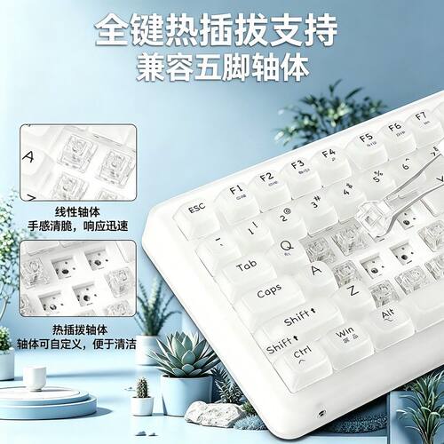 前行者v99三模机械键盘 四层消音 全键热插可拨白色雾透水晶轴RGB
