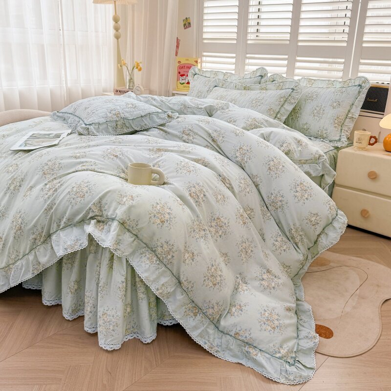 田园公主风全棉加厚夹棉床罩床裙四件套纯棉床套双人被套四季通用