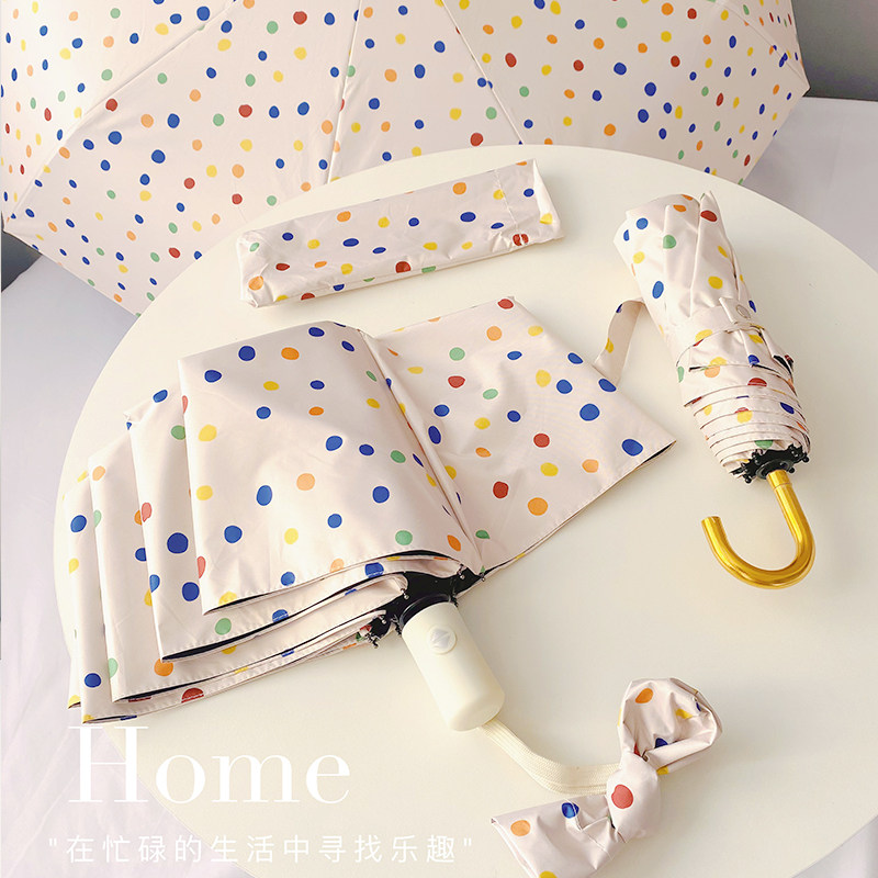 雨伞女ins风韩系彩色波点小金勾折叠黑胶防晒遮阳伞折叠伞可携式