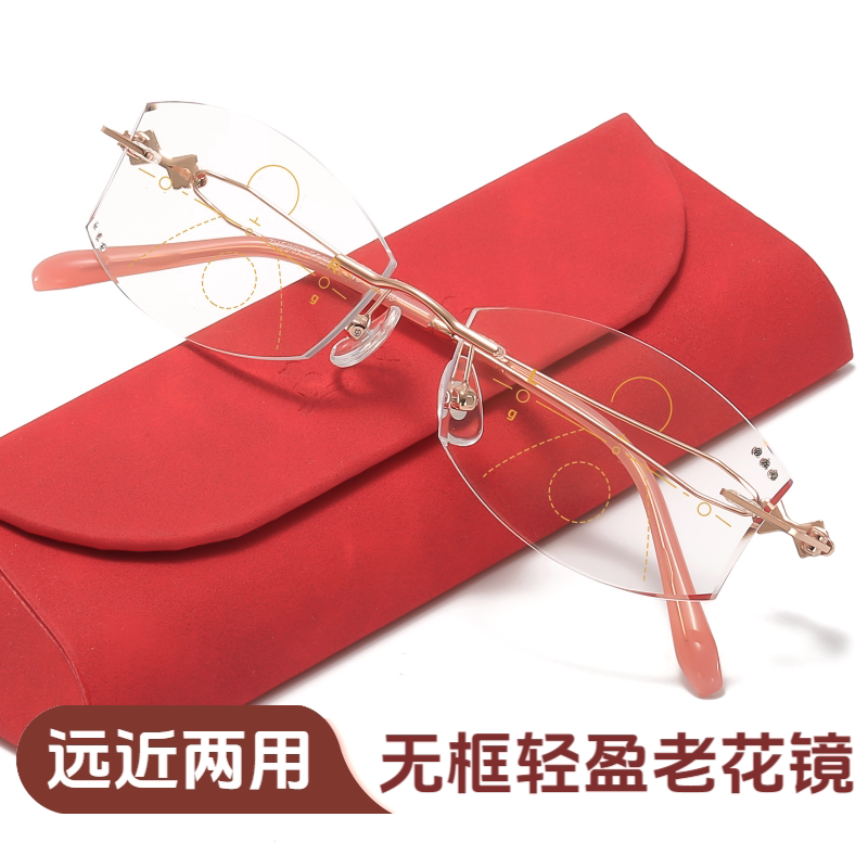 金婚品牌渐进多焦点老花镜远近两用时尚钻石切边无框树脂防蓝光