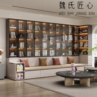 沙发书柜一体客厅卡座带玻璃门书架背景墙柜储物柜组合定制展示柜