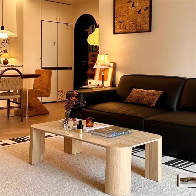 法式现代简约洞石岩板茶几方形奶油风实木客厅家用小户型小茶桌