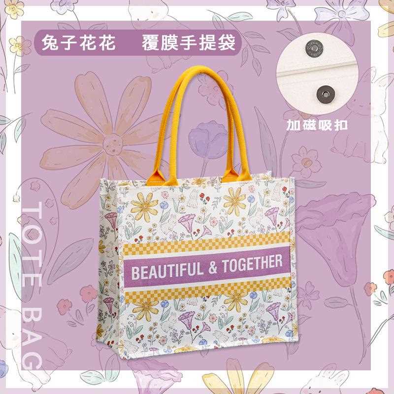 新款直销覆膜手提托特包女学生大容量拎书包立体油画旅行单肩帆布