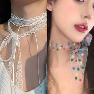 超仙气白色层次感设计蕾丝飘带春夏细窄百搭长条丝巾锁骨颈带项链