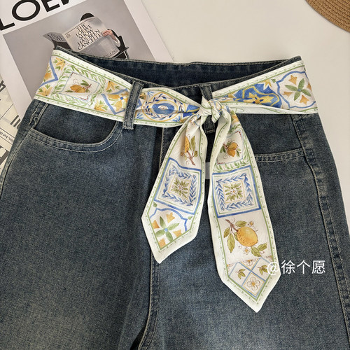 柠檬印花百搭长条丝巾腰带