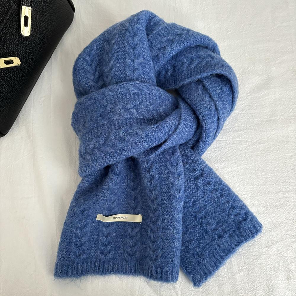 蓝色小众秋冬针织围巾女韩版麻花柔软含羊毛加厚保暖毛线围脖冬季