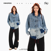 复古盘扣宽松牛仔男女同款 VINHOPESS 威宏丝国潮中式 外套J7004