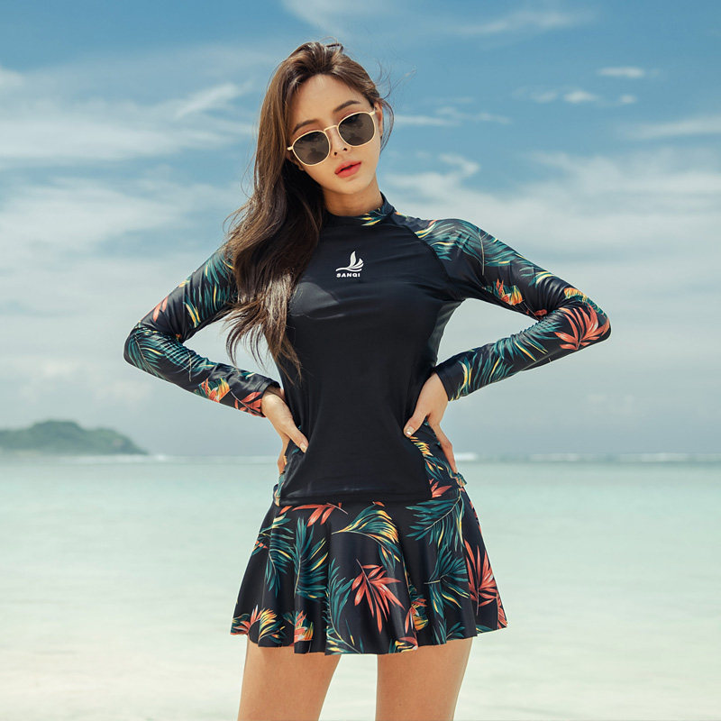 保守速干分体长袖裙式两件套大码遮肚显瘦防晒泡温泉胖女游泳衣服