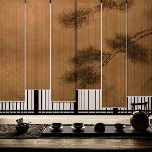 东方美学中式复古屏风软隔断装饰客厅茶室玄关布帘卷帘窗帘迎客松